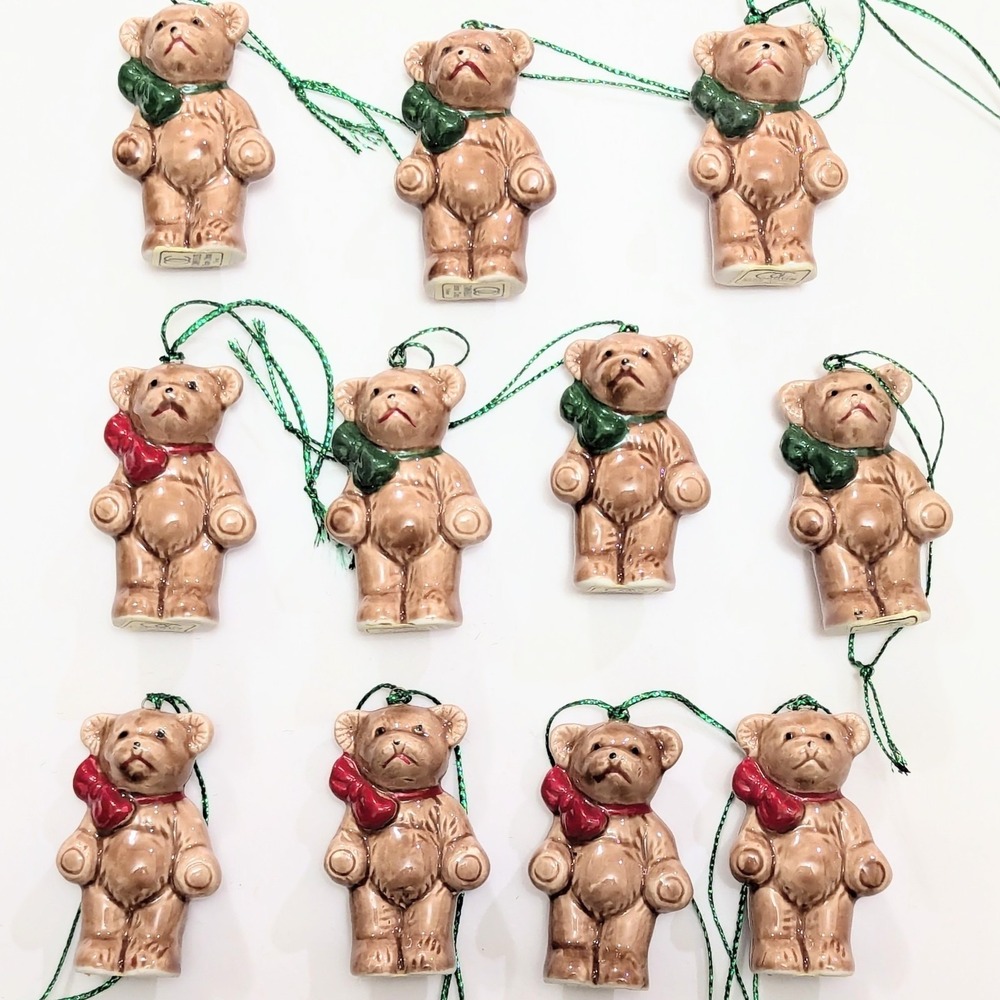 Vtg Teddy Bear Bone China 2" Christmas Ornaments OCI Omnibus Taiwan (Set of 11)